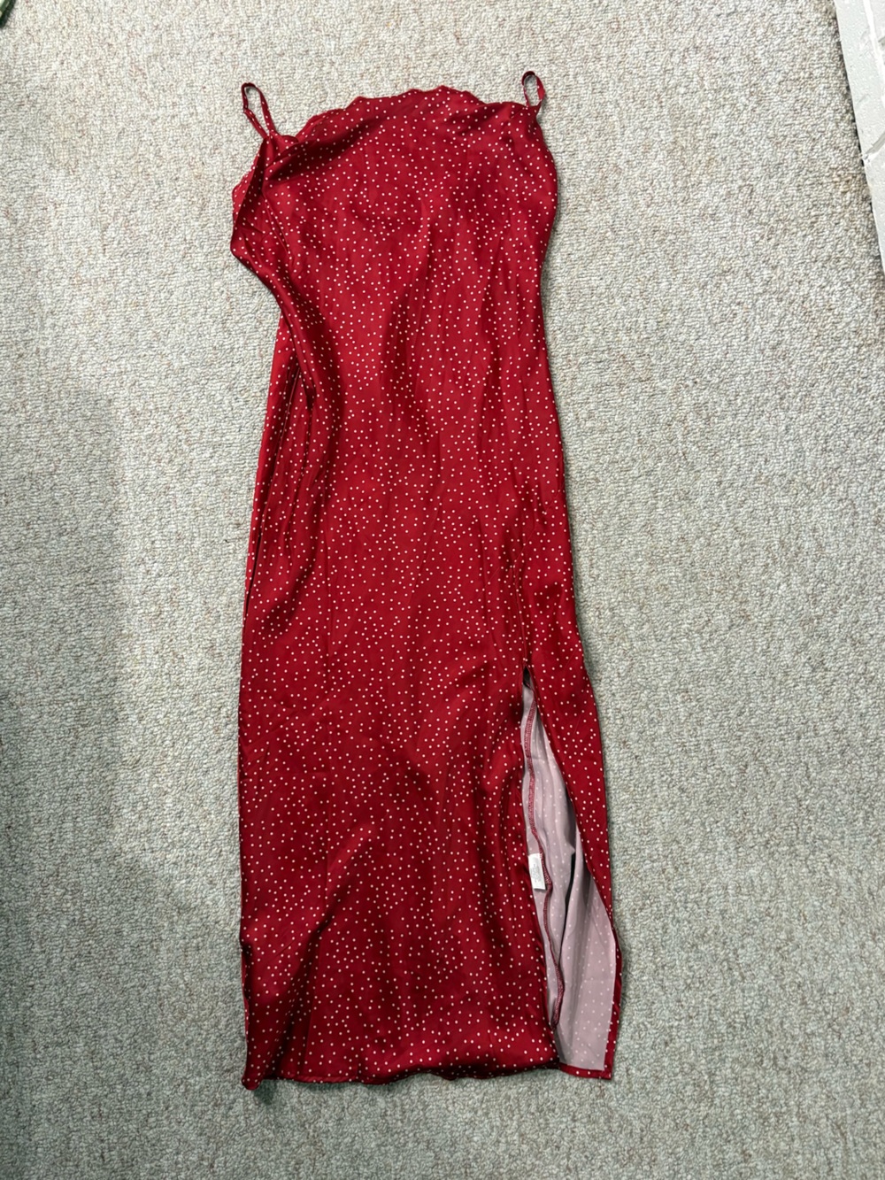 Red Polka Dot Maxi Slip Dress with Side Slit